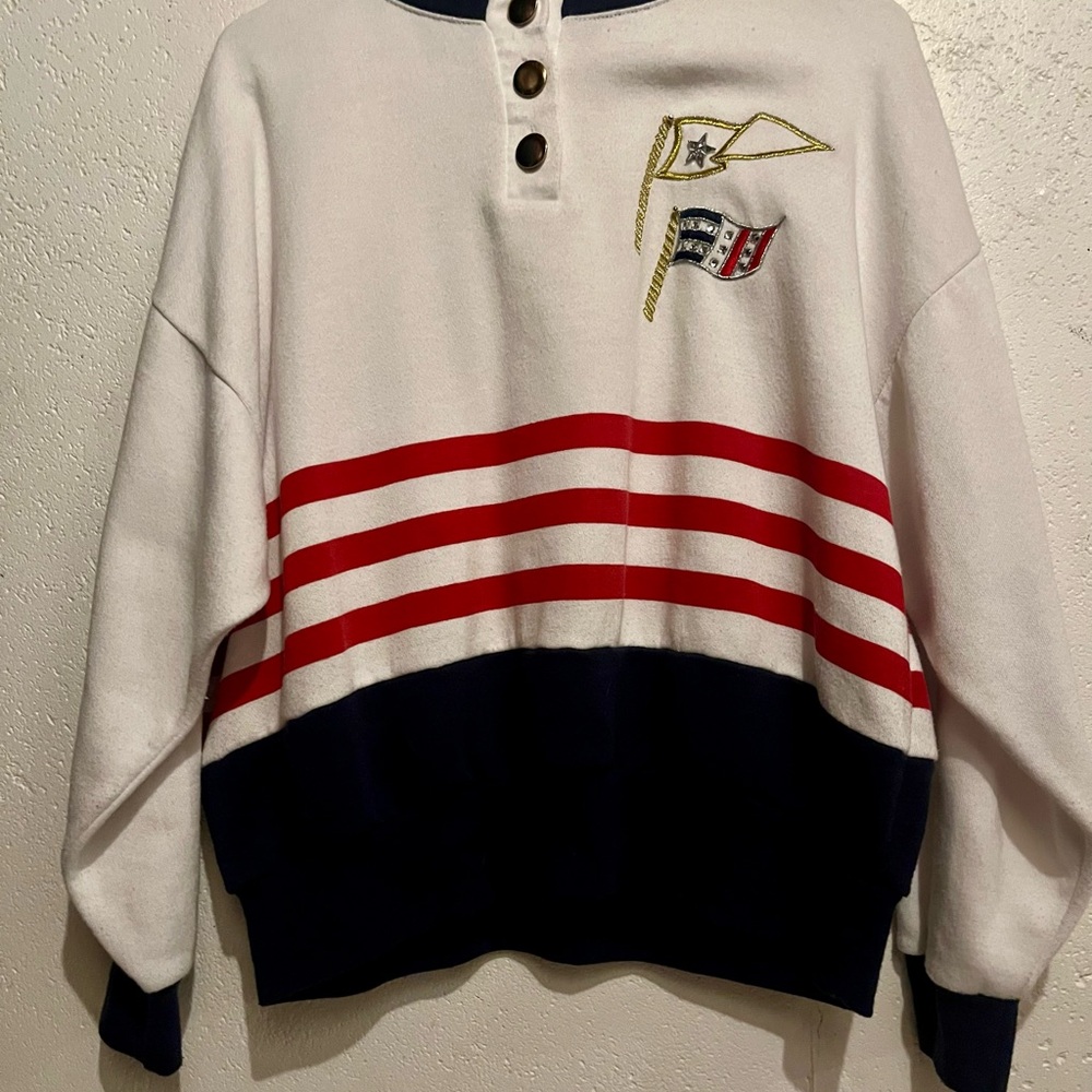 Russ White and Red Sweatshirt with Striking Stripes and High Collar